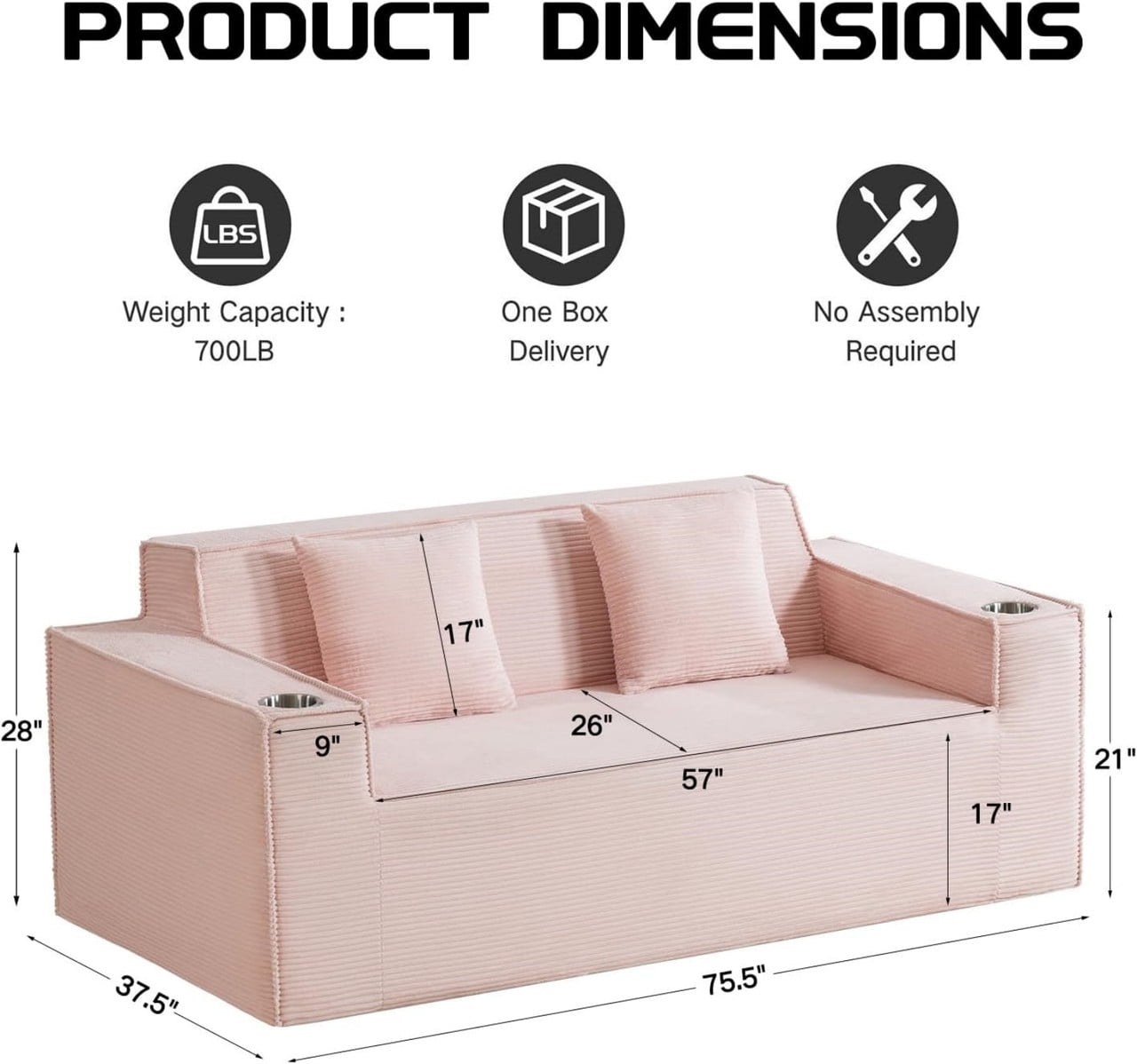 75'' Modern Boneless Loveseat Sofa Couch with 2 Cup Holders & 2 Pillows for Living Room, Corduroy Love Seat Couches with Deep Seat