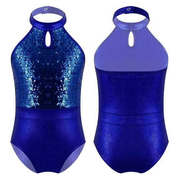YONGHS Kid Girls Sparkling Sequins Halter Neck Gymnastics Leotard Athletic Bodysuit 6-14