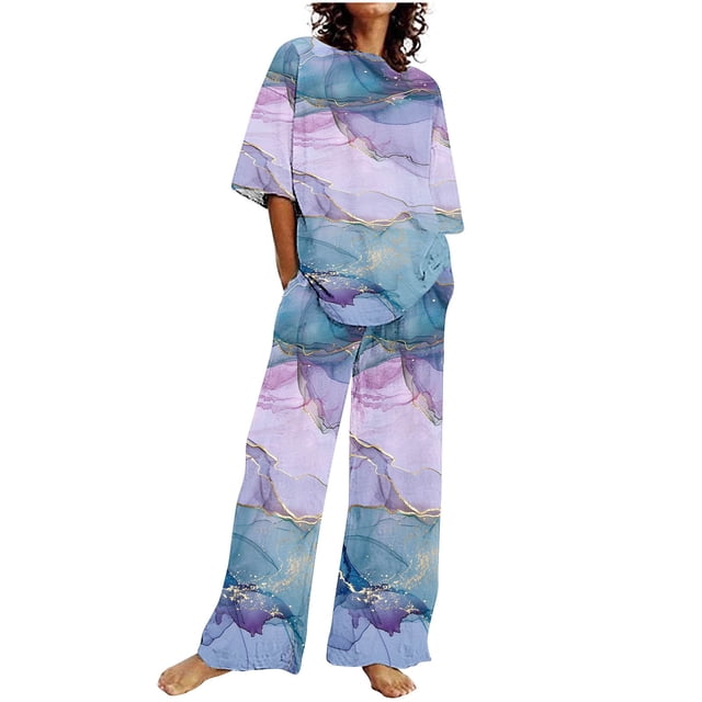 Conjunto Corto para las Mujeres Casual Suelto Encaje Casa Pantalones Impresos Y Blusa de Cuello Redondo de Dos Piezas