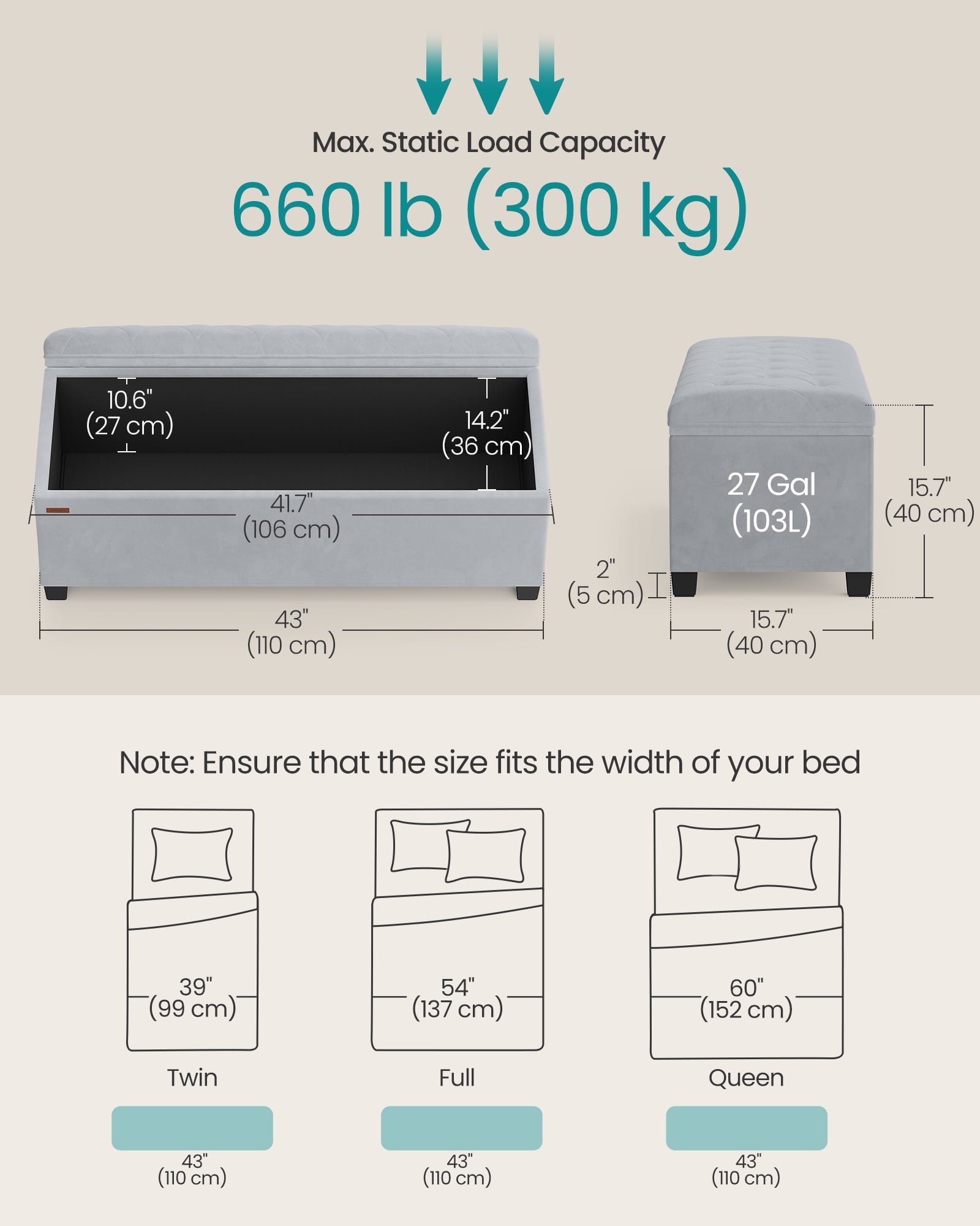 SONGMICS 43" Storage Ottoman Bench Foot Rest with Legs End of Bed Bench Storage Chest Load up to 660 lb for Living Room Bedroom Dove Gray