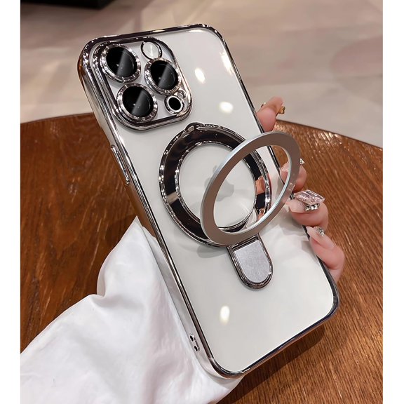 Magnetic Invisible Stand for iPhone 15 Pro Max Case Compatible with MagSafe, Military-Grade Protection, with Camera Protector, Clear Scratch-Resistant Back Case for iPhone 15 ProMax (Silver)