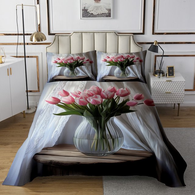 Erosebridal Botanical Tulip Bedspread Sets Twin Size,Rustic Flower Bed Quilt,Nature Bloom Decor,Breathable,2pcs