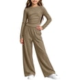 thumbnail image 5 of hotojiny Girls 2 Piece Outfit Long Sleeve Front Ruched Slim Fit Top Elastic Waist Wide Leg Pants Set Kids Fall Casual Clothes(Brown,5-6 Years), 5 of 6