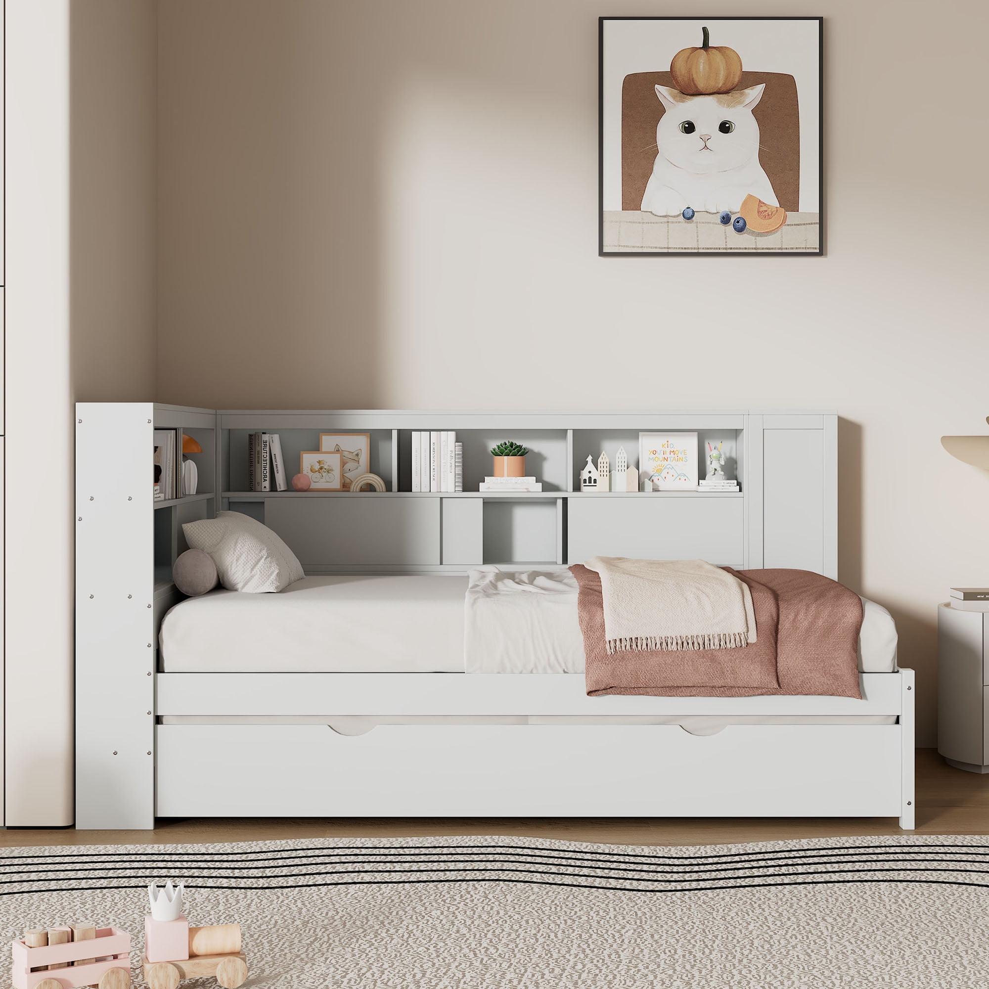 Euroco Wood Twin Daybed with Trundle, Shelves, and USB Charging Station in White