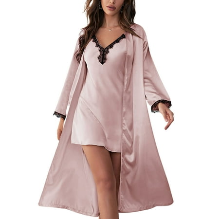 

Glonme Women Pajamas Set Long Sleeve Robe V Neck Nightgowns Spa Lightweight Sleepwear Comfy 2 Pieces Bathrobe Pink L