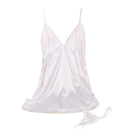 Women Lingerie V Neck Nightwear Satin Sleepwear Lace Chemise Mini Sling Dress with G-string Pants (White)