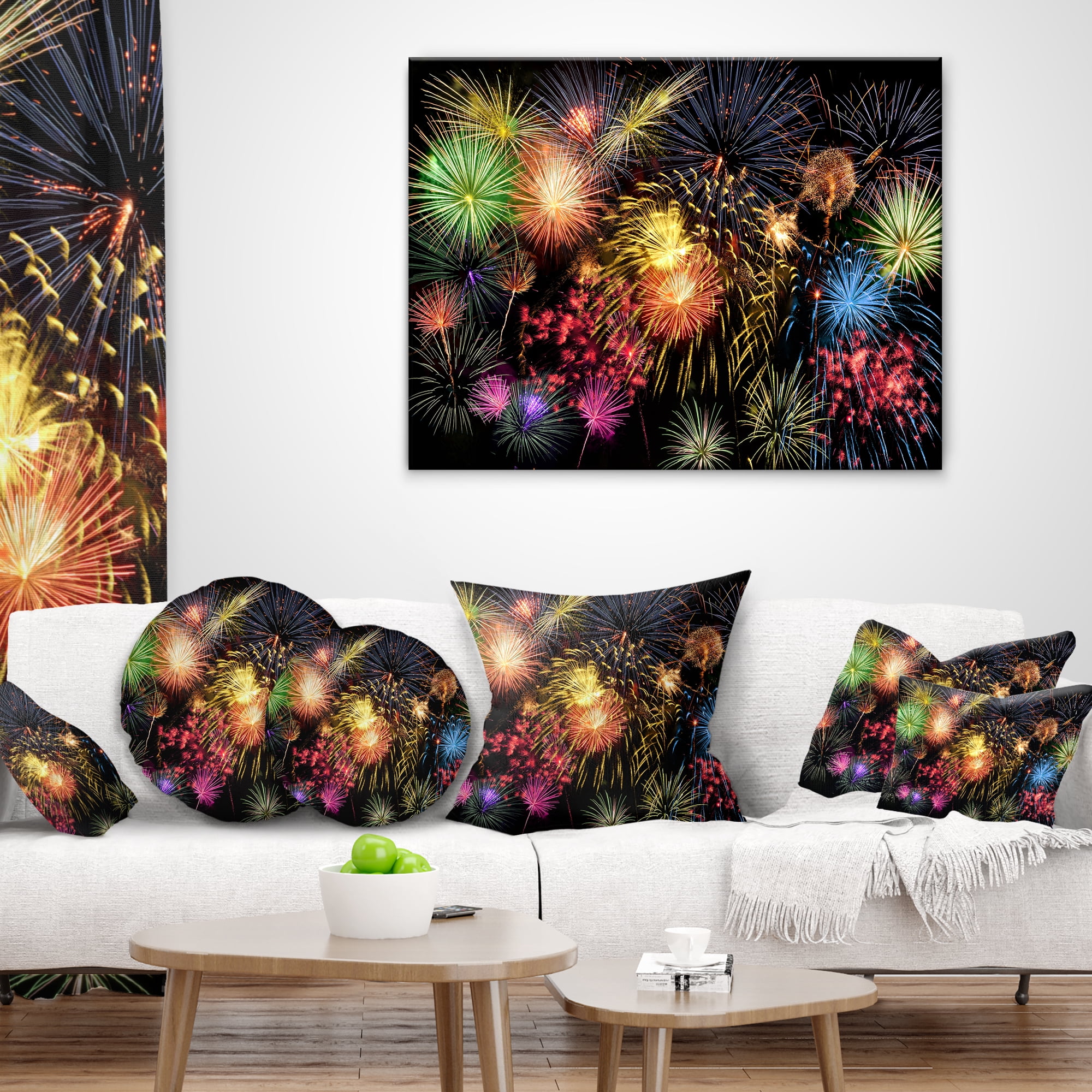 Designart Colorful Fireworks at Night Sky - Skyline Photography Throw Pillow - 18x18