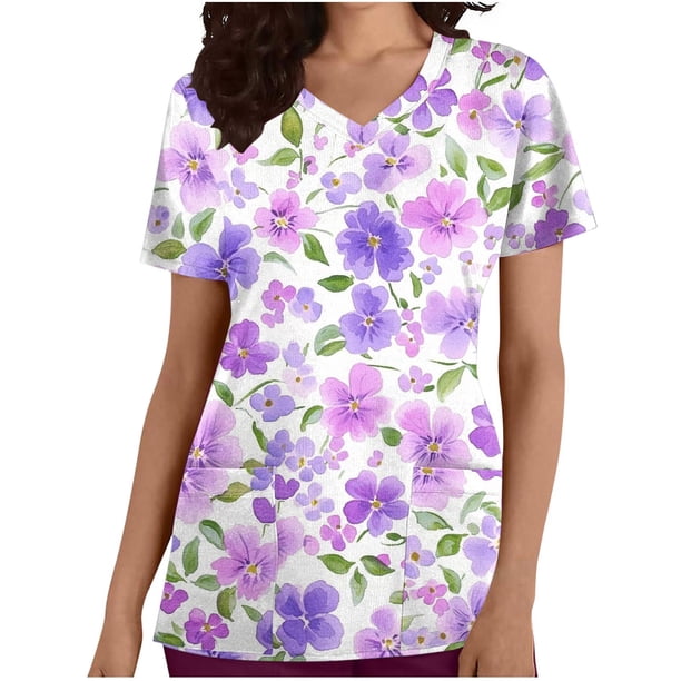 Tops de Manga Corta para las Mujeres Suelto Ajuste Casual Suelto Impreso Bolsillo V-Cuello Enfermería Uniforme Superior