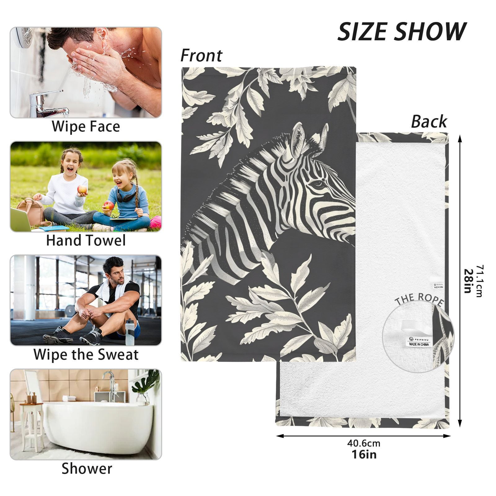 Zebra and Leaves Hand Towels Cotton Bath Towels Large Face Towels Absorbent for Bathroom 2 Packs
