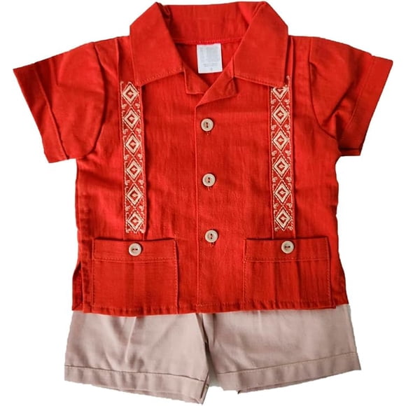 Guayabera para Bebé Pañalero con Short, Conjunto Mexicano de 2 Piezas para Niño, Guayabera Infantil de Manga Corta