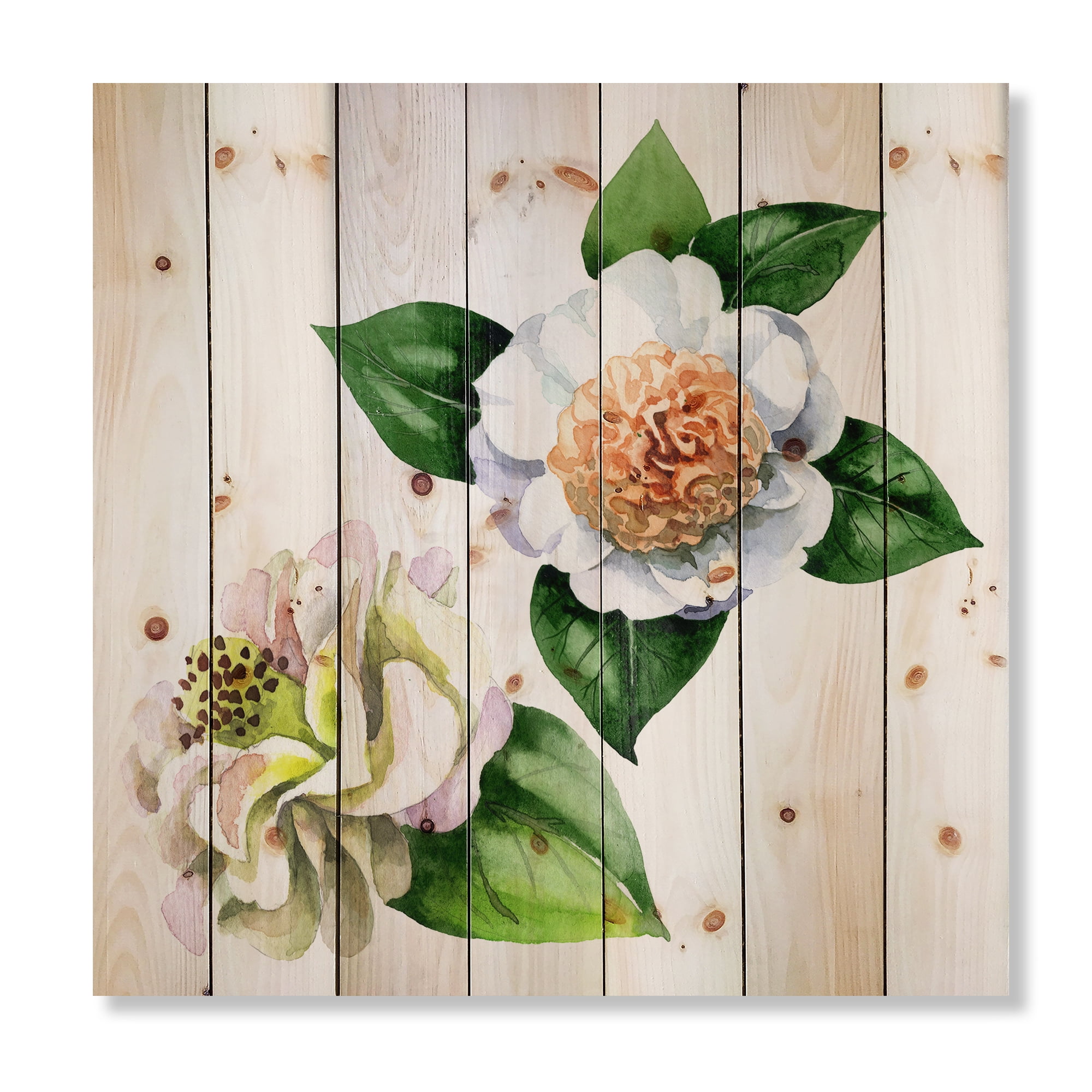 Designart 'Ancient White Camellia Flowers With Green Leaves' Traditional Print on Natural Pine Wood