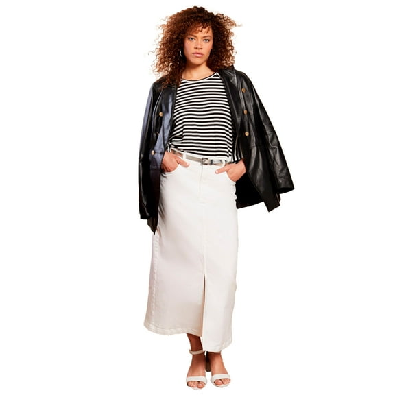 June & Vie Women's Plus Size Front-Slit Denim Midi Skirt