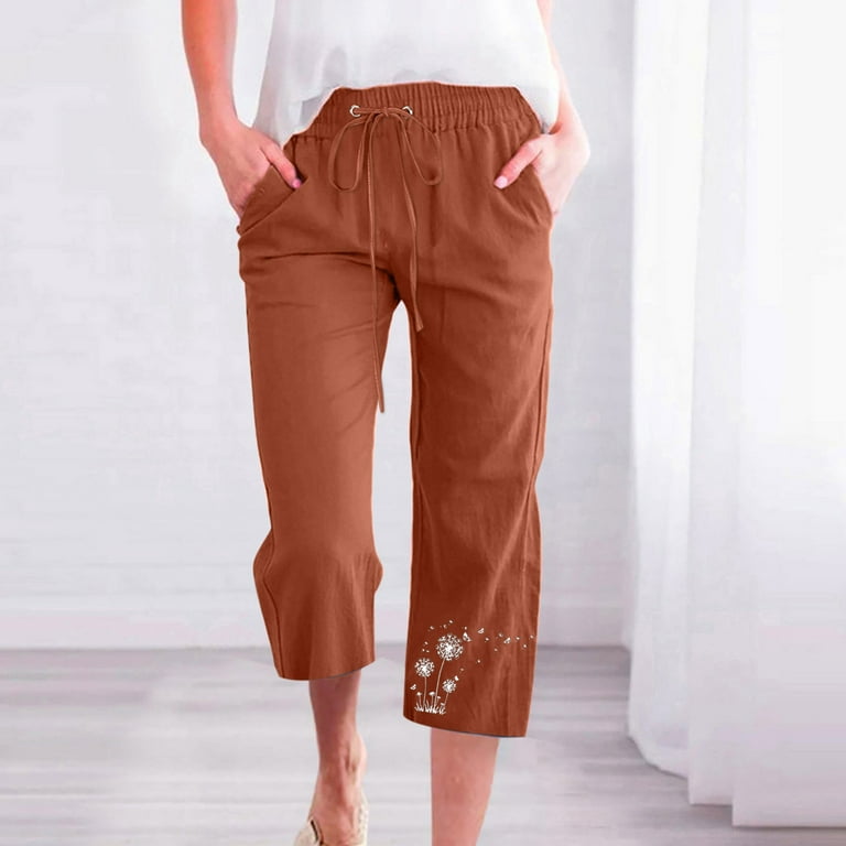 ShomPort Summer Fall Capris for Women Casual High Waisted Drawstring Pants  Loose Fit Cropped Trousers with Pockets (Coffee 20)