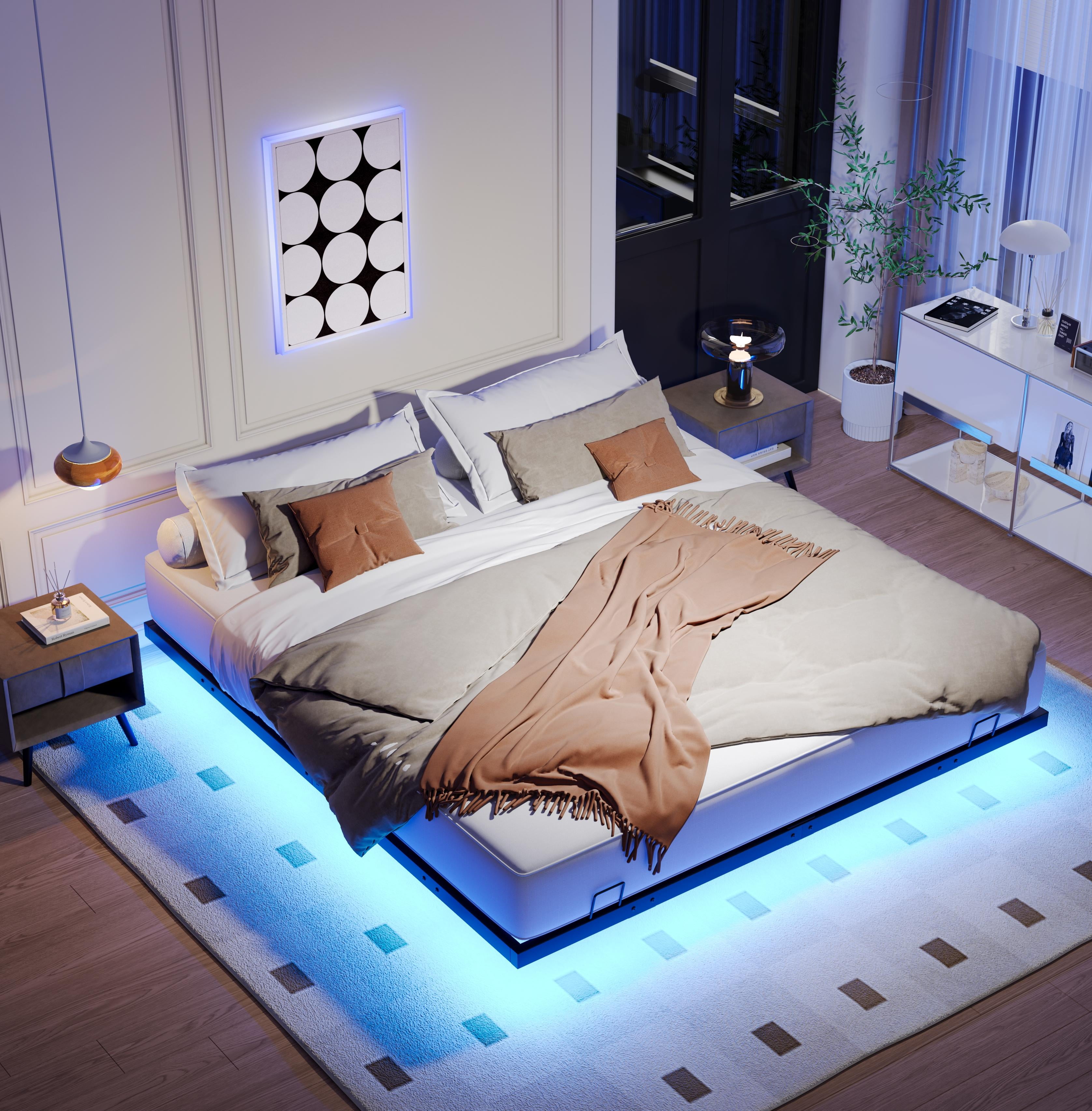 King Size Floating Bed Frames with LED Lights, Metal Platform Bed , Solid and Stable, Noise Free, No Box Spring Needed, Easy Assembly