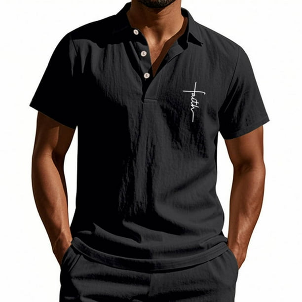 Blusa y camisa de manga corta con cuello vuelto para hombre, color liso, moda de verano, estampado informal, manga corta, botones, cuello vuelto, bolsillo, camisa de poliéster para hombre