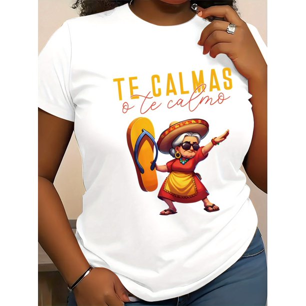 Polyester Knit Fabric Mexican Mama Print T-Shirt for Women - H-Fit, Regular Fit, Casual Short Sleeve Round Neck, Sleeveless Pullover, All-Season Comfort, No Bra Pad - Graphic Print Design