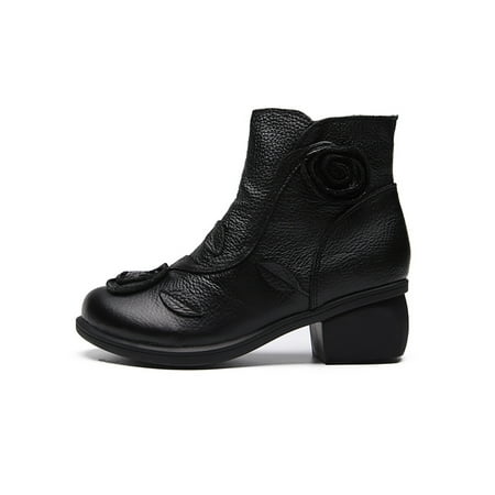 

Difumos Womens Retro Chunky Heel Ankle Boots Anti-Slip Mid Top Bootie Office Comfort Side Zip Casual Black 7