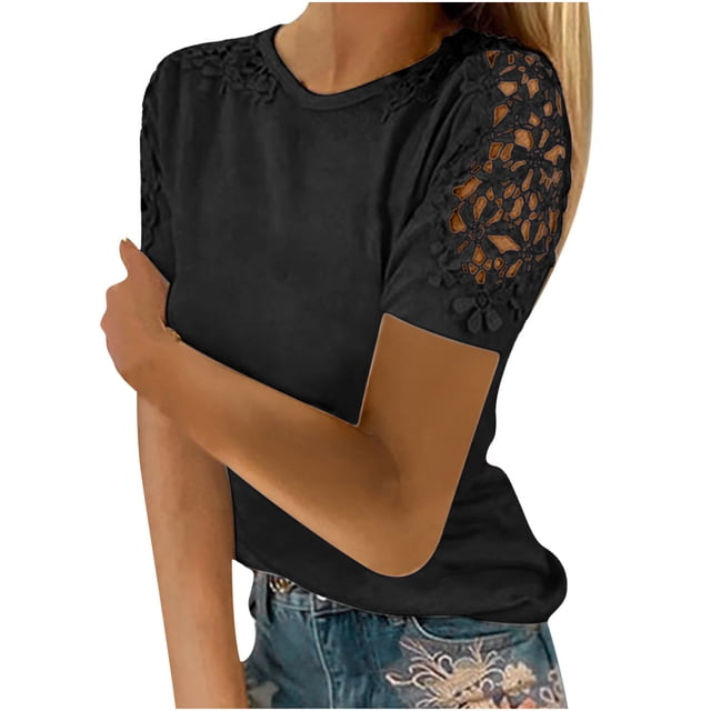 Top de manga corta de encaje y croché para mujer - Blusa informal de cuello redondo, poliéster, diseño con hombros al aire, corte holgado, ropa de primavera/verano, tallas S-XXL, contorno de pecho