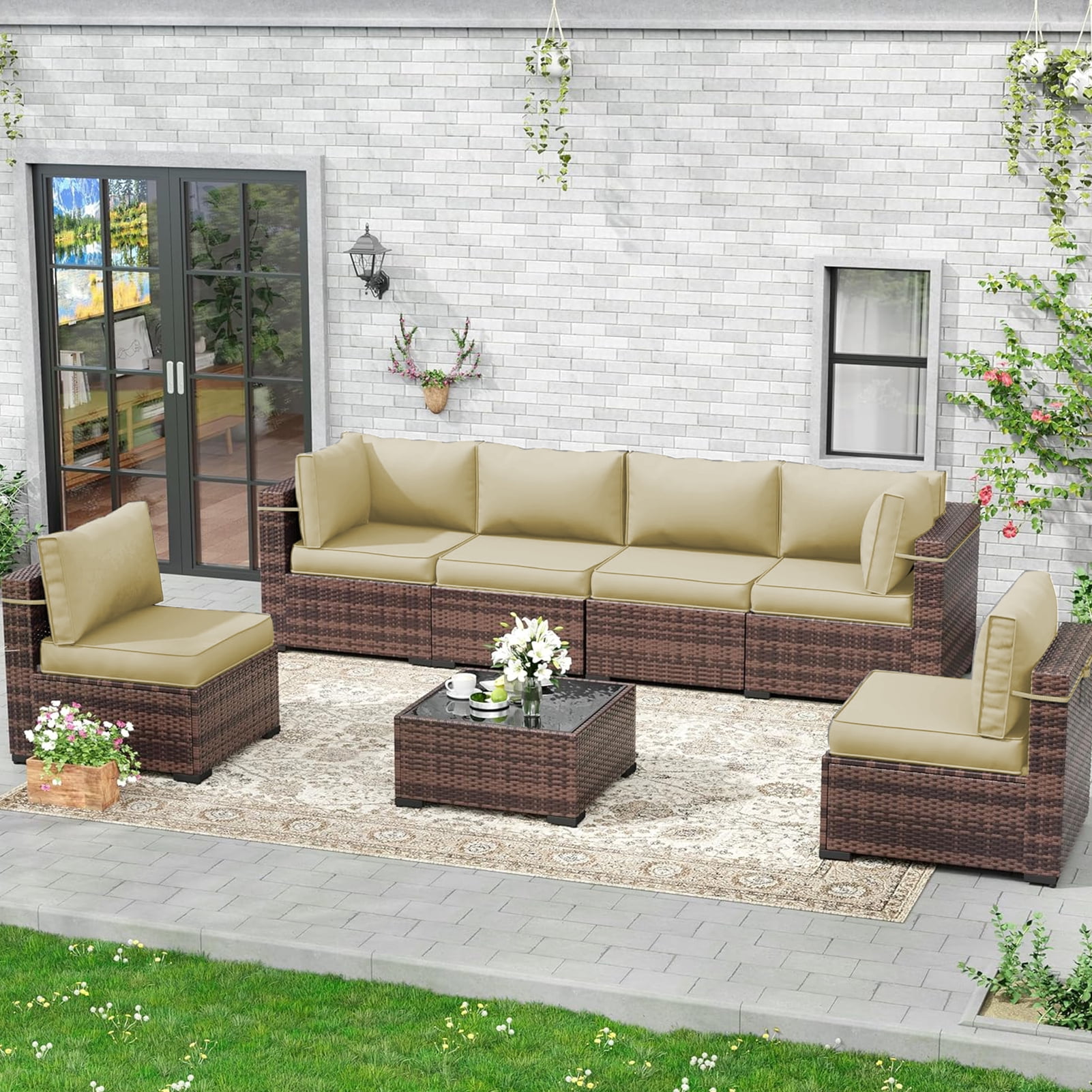 XXLYY Outdoor Replacement Cushions for Patio Furniture, 14 Piece Patio Sectional Cushions, 4" Water-Resistant Replacement Sofa Cushions Fits 6-seat Rattan Conversation Set
