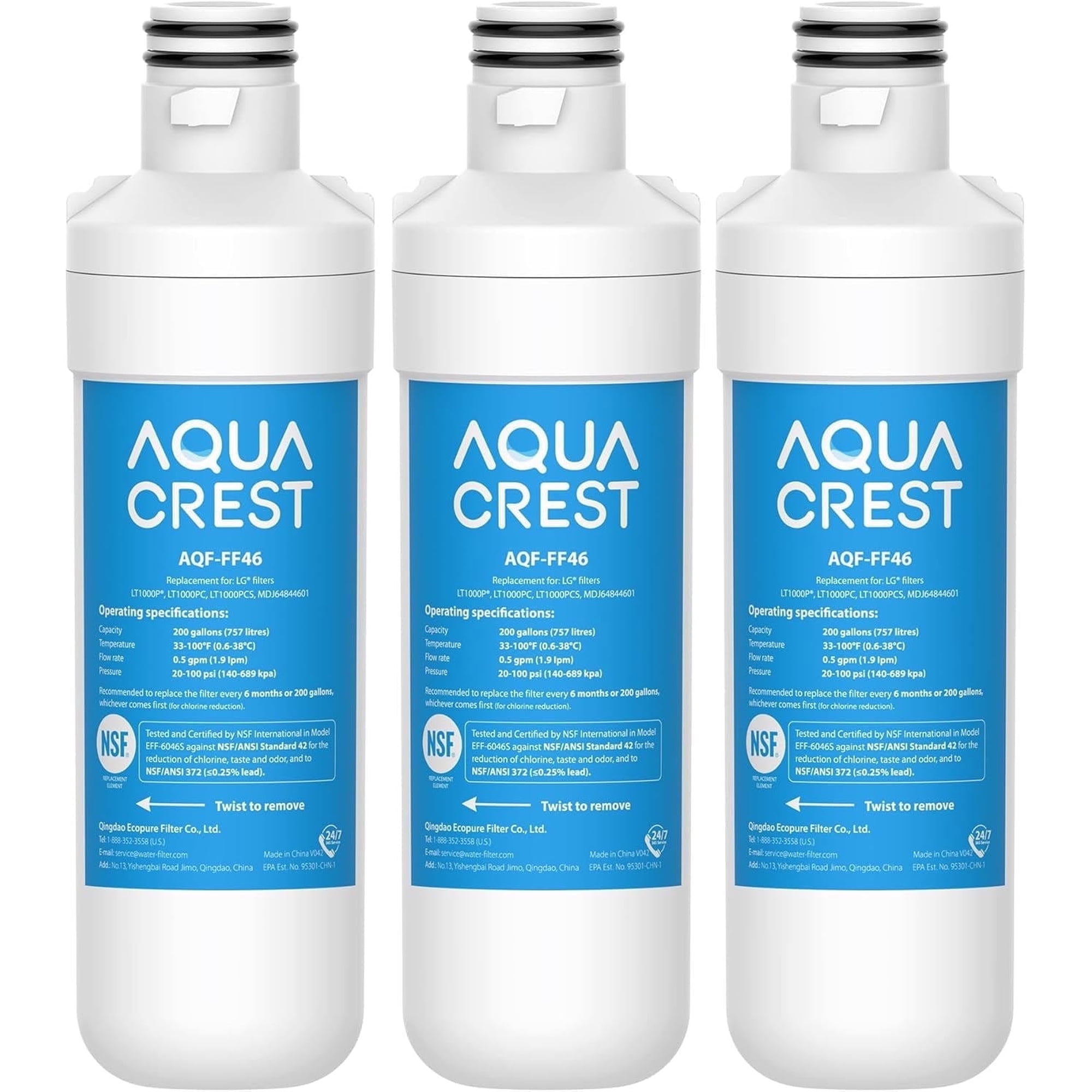 AQUA CREST LT1000PC ADQ747935 MDJ64844601 NSF Certified Refrigerator Water Filter, Replacement for LG® LT1000P®, LT1000PCS, ADQ74793501, ADQ74793502, Kenmore 469980, 9980, Pack of 3