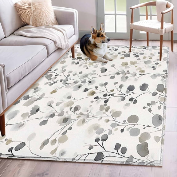Gray Botanical Area Rug 4x6 Washable Rug Non Slip Rustic Spring Summer Floral Leaves Large Area Rug Indoor Floor Carpet for Entryway Bedroom Kitchen Living Room Home Office Dining Room Nursery