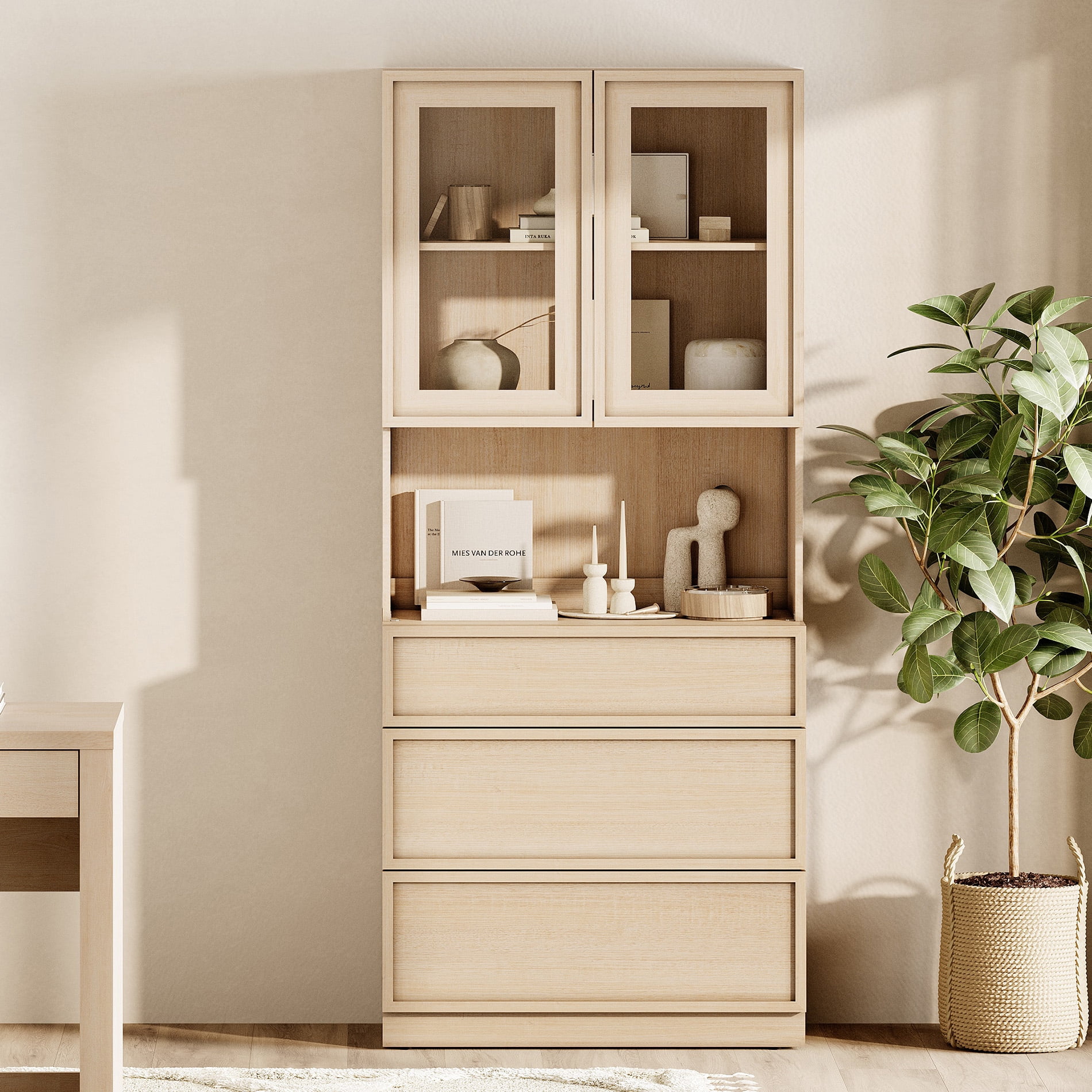 Modern 72" Tall Bookshelf with 12 Drawers and Book Shelves, Library Bookcase with Storage Cabinet and Glass Display Shelves,Beige