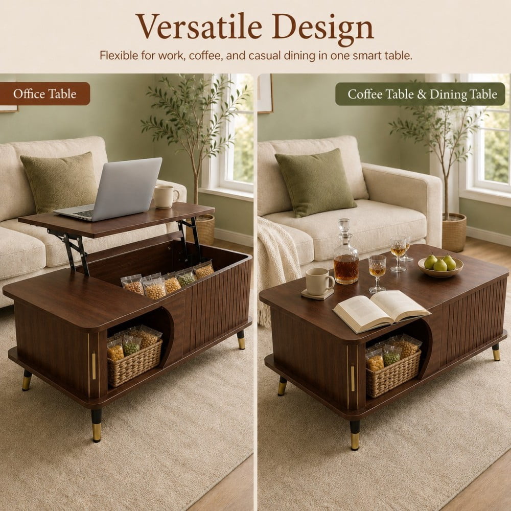 Lift Top Coffee Table with Hidden Storage Compartment and Large Shelf, Wood Farmhouse Coffee Table, Modern Center Table for Living Room, Office, Walnut