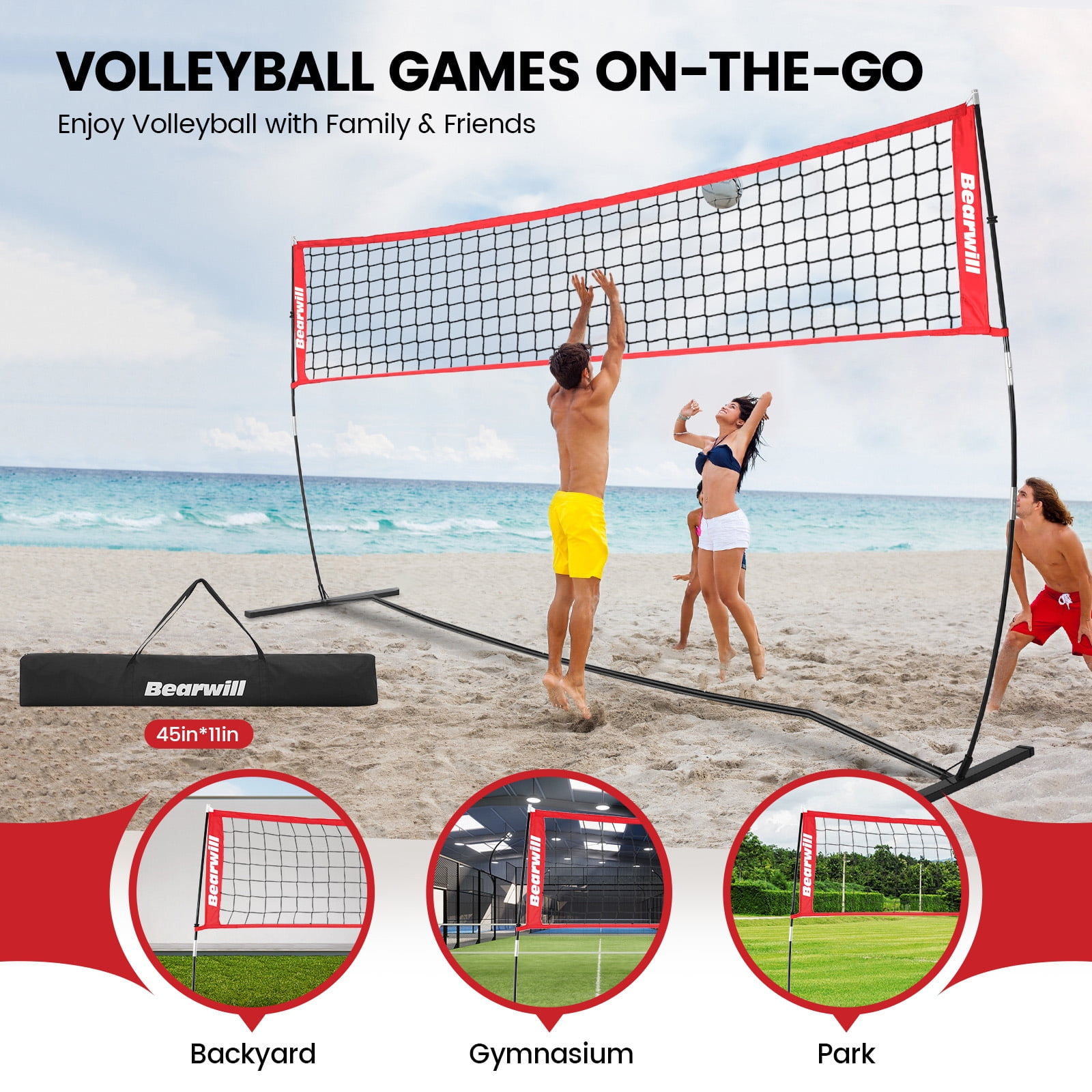 Volleyball Net, 12FT Portable Volleyball Net for Backyard, Freestanding Volley Ball Set Height Adjustable with Carry Bag, Volley Ball Practice Nets Training Equipment for Indoor and Outdoor