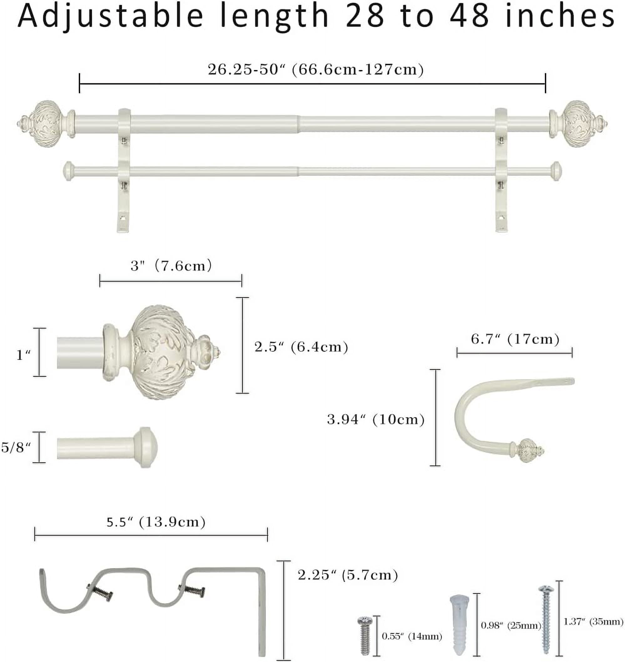 eTeckram 1" Double Curtain Rod with Albert Finials and holdbacks (28''-48'', Weathered white)