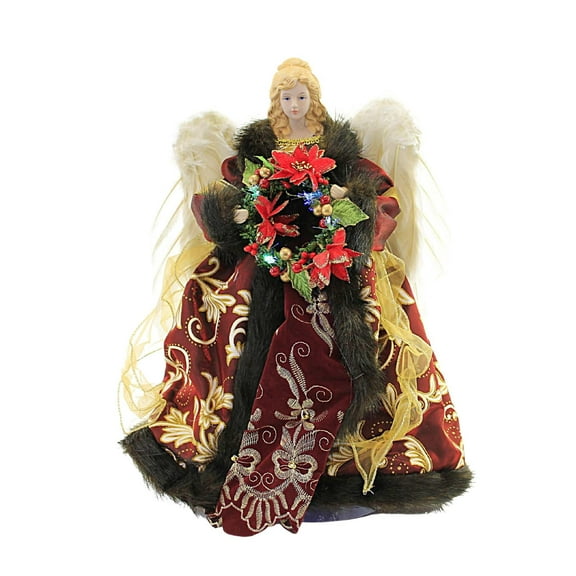 Roman Angel with Fiber Optic Wreath, Red, Gold, 16-inch Height, LED