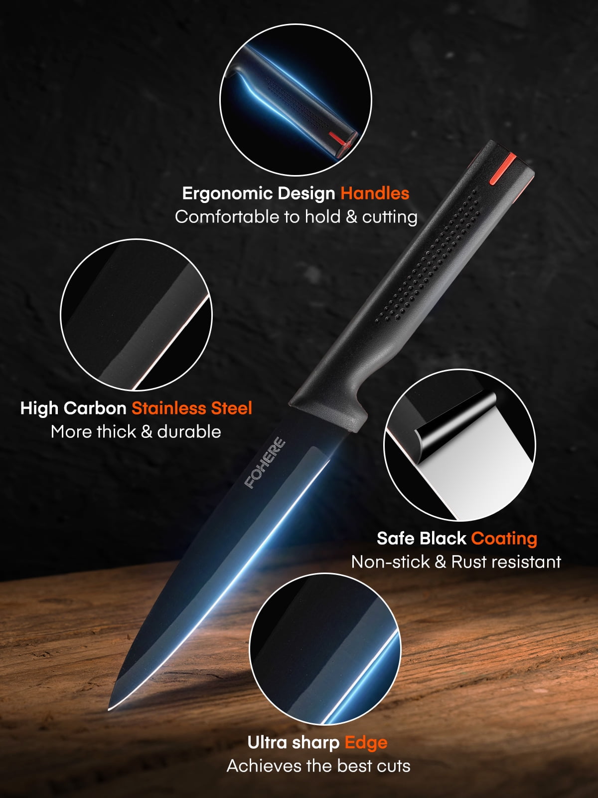 FOHERE Knife Set with Block  13 Pieces Stainless Steel Knive Sets for Kitchen with Built-in Sharpener Sharp Black Kitchen Knife Block Set with Anti-slip Handle,Black