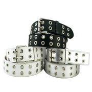 QILINXUAN  Punk Grommet Leather Belt With Holes for Women Men Teens E Girls Double Prong Buckle for Jeans
