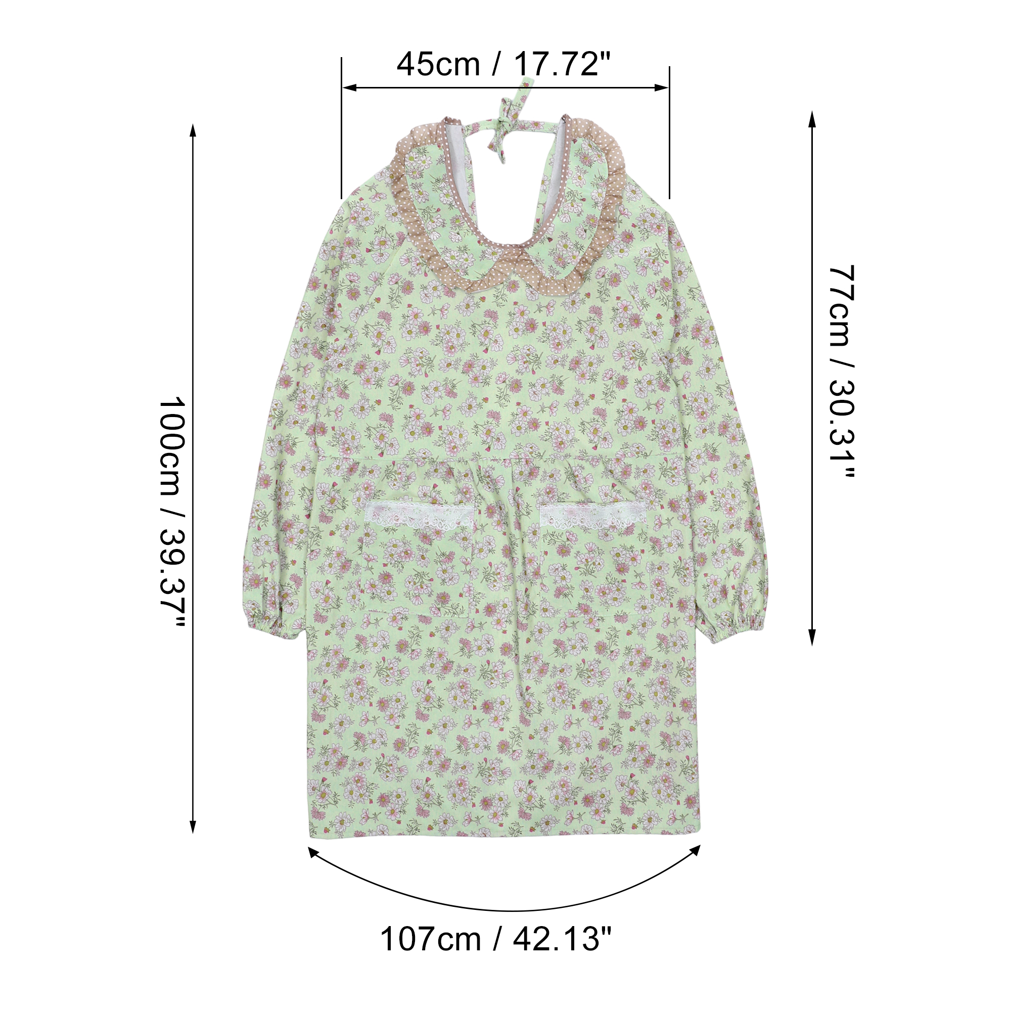 Unique Bargains Floral Kitchen Apron with Pockets Canvas Apron for Cooking Baking Green
