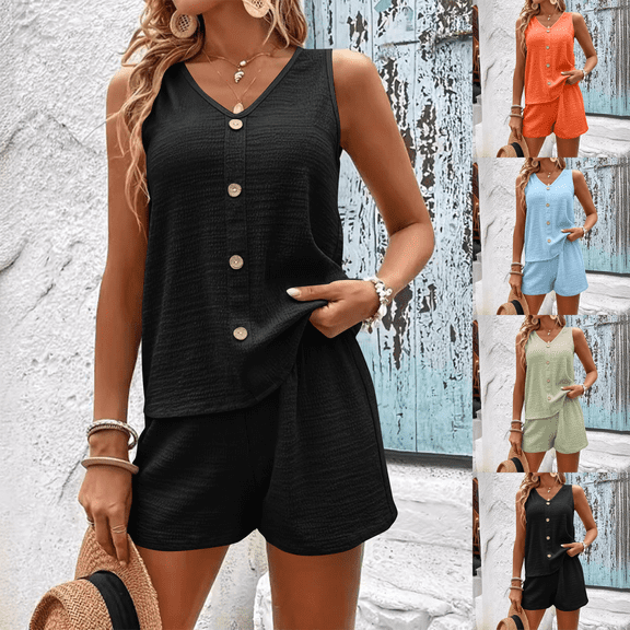 Womens 2 Piece Outfit Set V Neck Sleeveless Tank Tops and Shorts Solid Color Loose Summer Matching Sets S-2XL