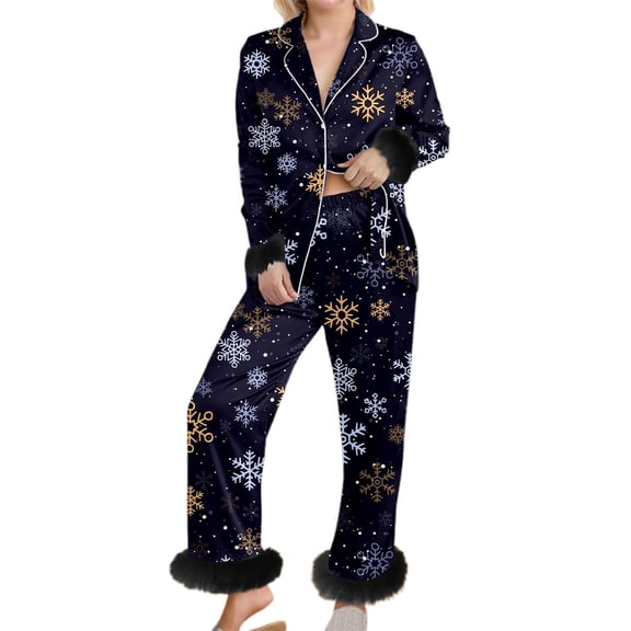 Christmas Pajamas for Women Trim Long Sleeve Christmas Theme Printed Shirts Pants Cozy Sleepwear Set Women Pjs Sets Dark Blue L