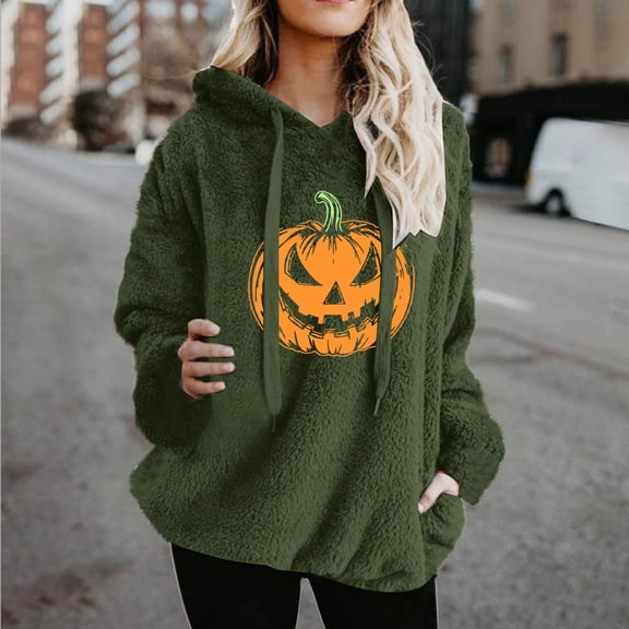 Tawop Women Fleece Pullover Fall and Winter Pumpkin Printed Long Sleeve Warm Wool Pockets Drawstring Hoodie Sweatshirt Green