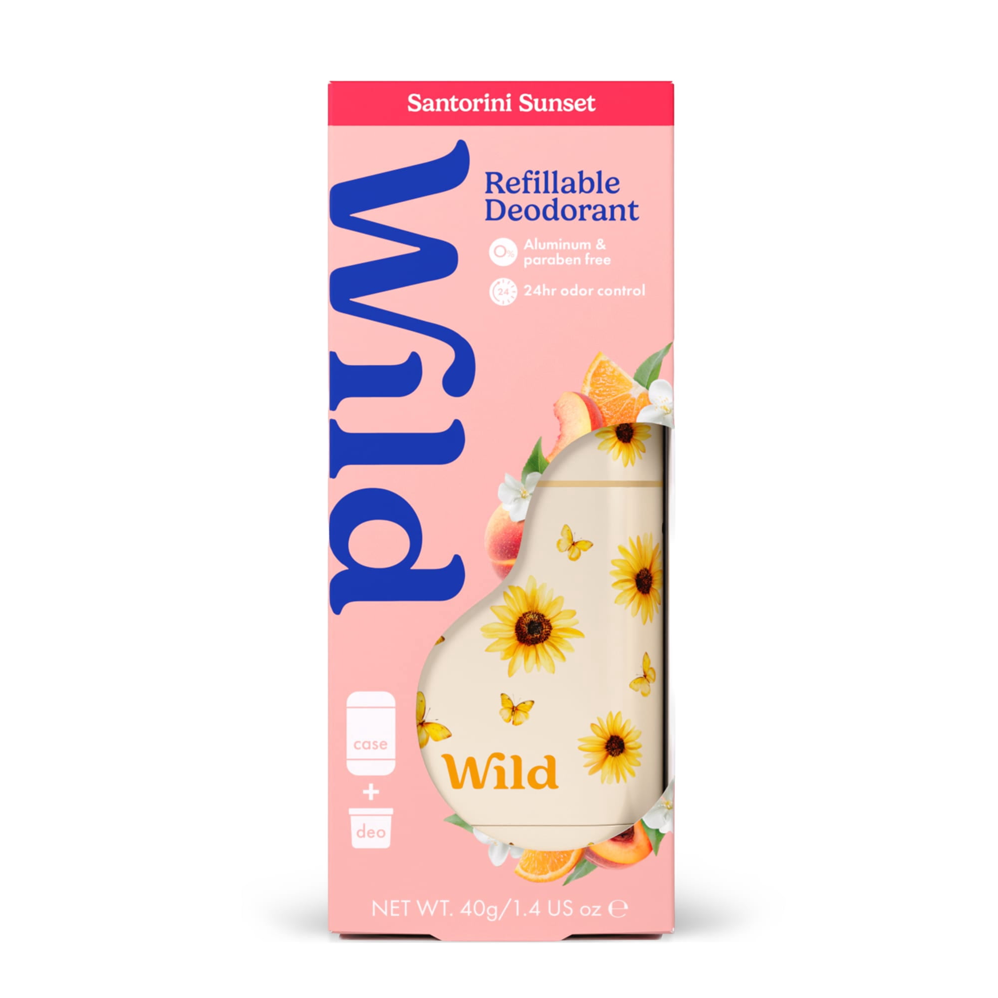 Wild Refillable Deodorant Starter Pack – Aluminum Free. Sunflower Case + Santorini Sunset Refill, for Women and Men, 1.4oz
