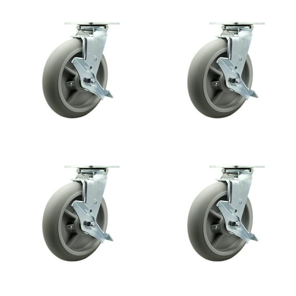 8 Inch Thermoplastic Rubber Swivel Caster Set with Ball Bearings and Brakes SCC