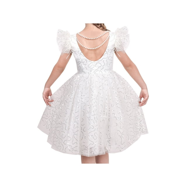 Girls Dress White Pearl Glitter Wedding Bridesmaid Pageant Hollow Back 7 Years