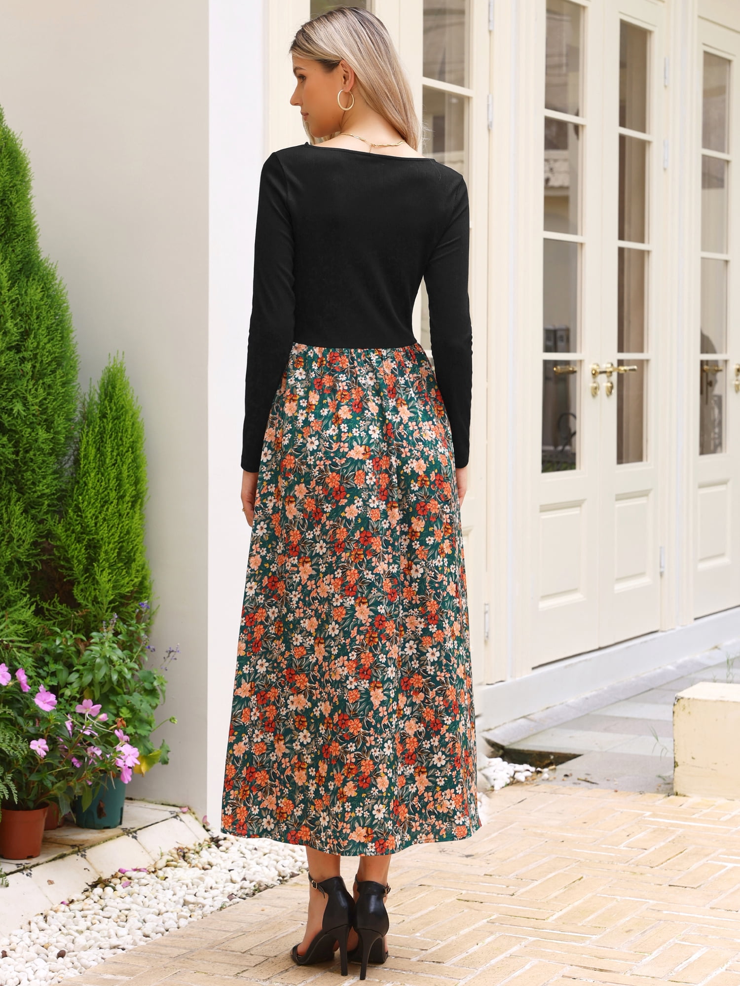 DARING DIVA Women's Maxi Long Sleeve Flowy Vintage Casual Floral Dress L Black Green