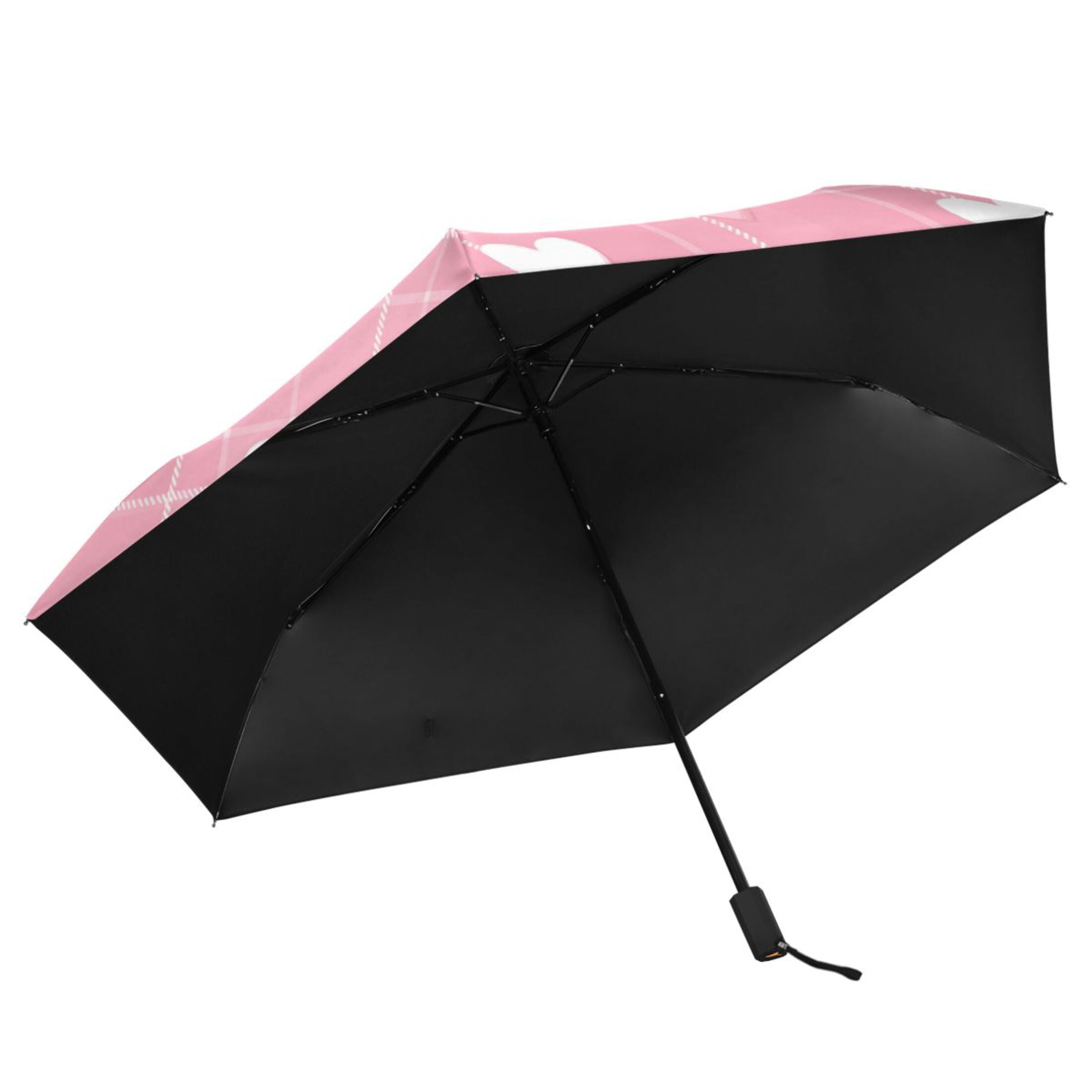 Pink Plaids Cute Hearts Valentine All Weather Umbrella Triple Folding Parasol 6 Ribs UV Protection Portable