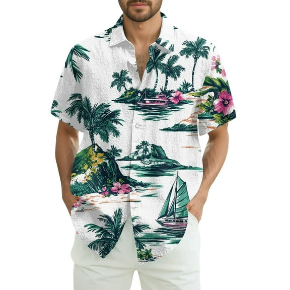 Men Hawaiian Shirt Short Sleeves Printed Button Down Shirts Summer Beach Mens Shirts Clearance 01-Army Green L