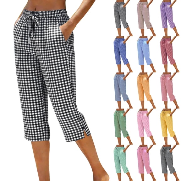 Axiiglly Capri Pants for Women 2026 Plaid Drawstring Elastic Waist Cropped Pants with Pockets, S-3XL