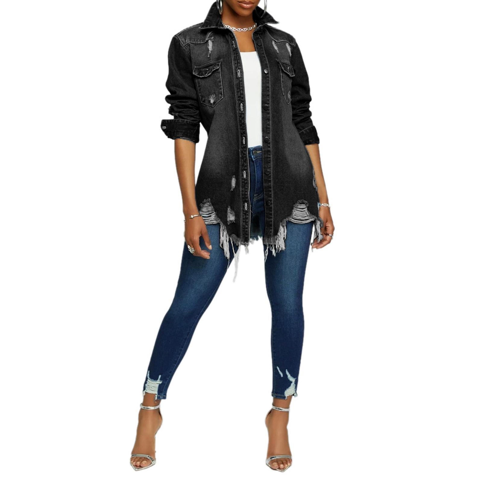 Ma&Baby Women Denim Jacket Long Sleeve Lapel Button Down Ripped Jeans Jacket Coat Plus Size - image 2 of 4