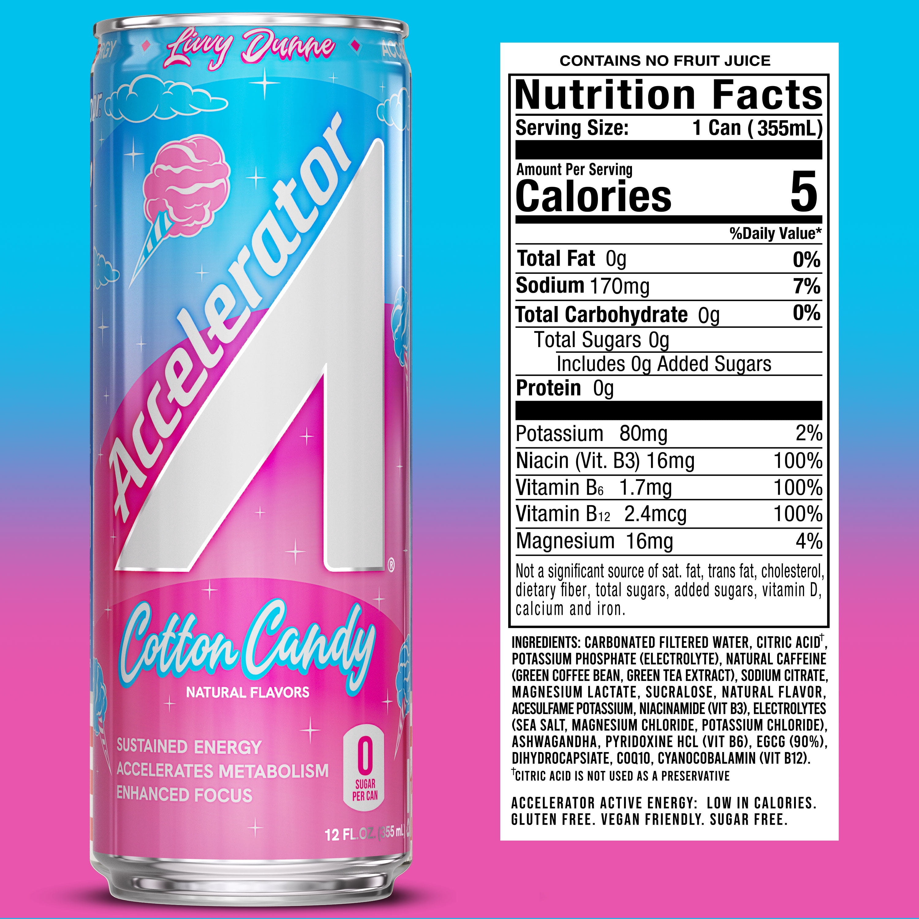 Accelerator Energy Drink, Cotton Candy 12 fl oz can (12 pack), Zero Sugar, Sustained Energy from 100% Natural Caffeine (200mg from Green Coffee Bean & Green Tea extract)