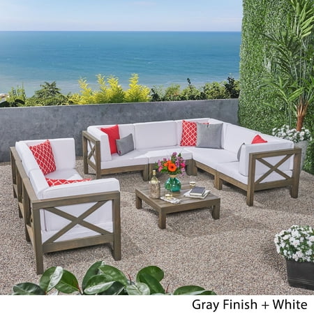 Elisha Outdoor 9 Piece Acacia Wood Sectional Sofa Set With Cushions And Coffee Table Gray White