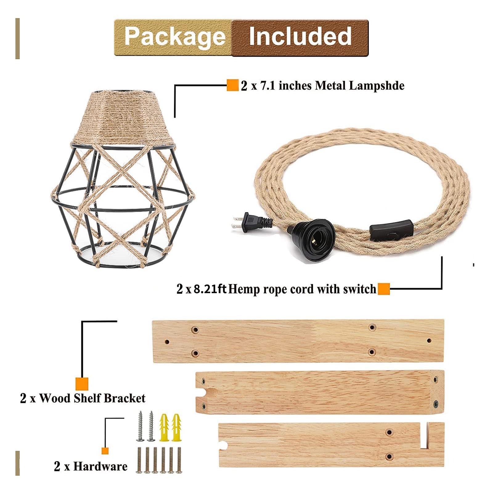 FRIDEKO HOME Plug in Wall Sconces Set of 2, Wood Light Fixtures Industrial Farmhouse Wall Lamps with 8.2 FT on/off Switch Cord, Indoor Metal Cage Wall Lights for Living Room (No Bulbs Included)