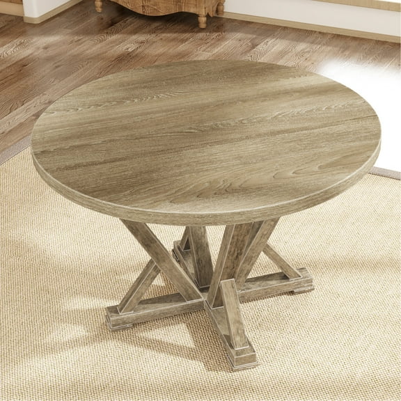 Round Dining Table 45.7", Solid Wood Rubberwood, Rustic Antique Style, Distressed, Grayish Brown, 4 Style Table, 45.7inch Wood, Design, 4 Seat