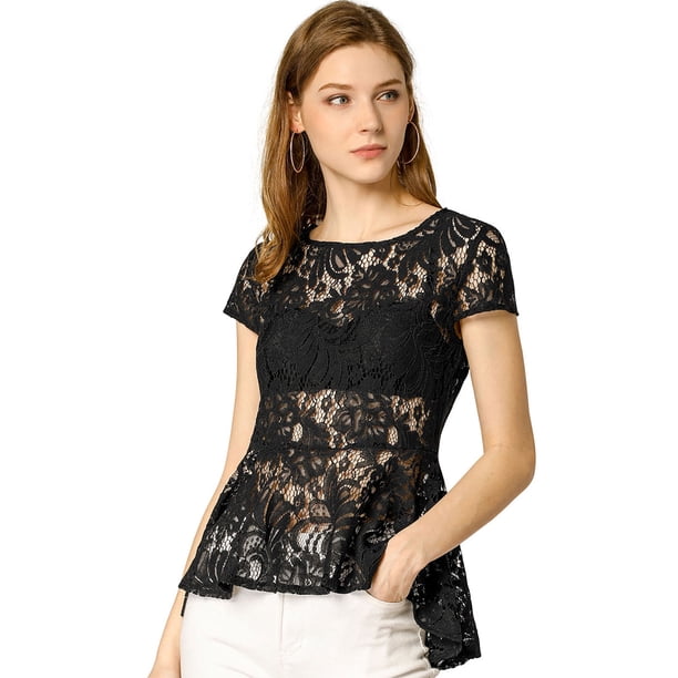 Allegra K Blusa Top Encaje De A-Línea Peplum Mangas Casquillo Dobladillo Alto Bajo Para Mujer Negro S