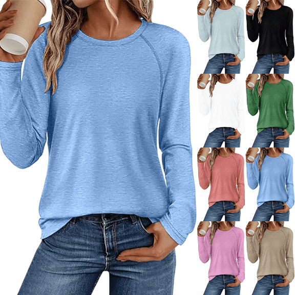 Women's Long Sleeve Shirts Solid Color Crewneck Soft Tops Loose Fit Casual Fashion Clothing 2026